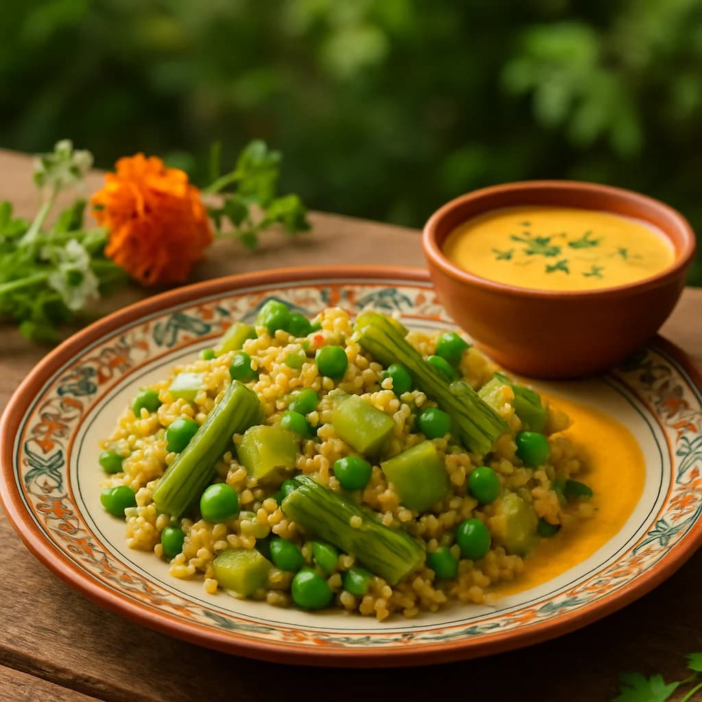 Steamed Millet and Drumstick Khichdi with Spiced Coconut Milk Sauce recipe