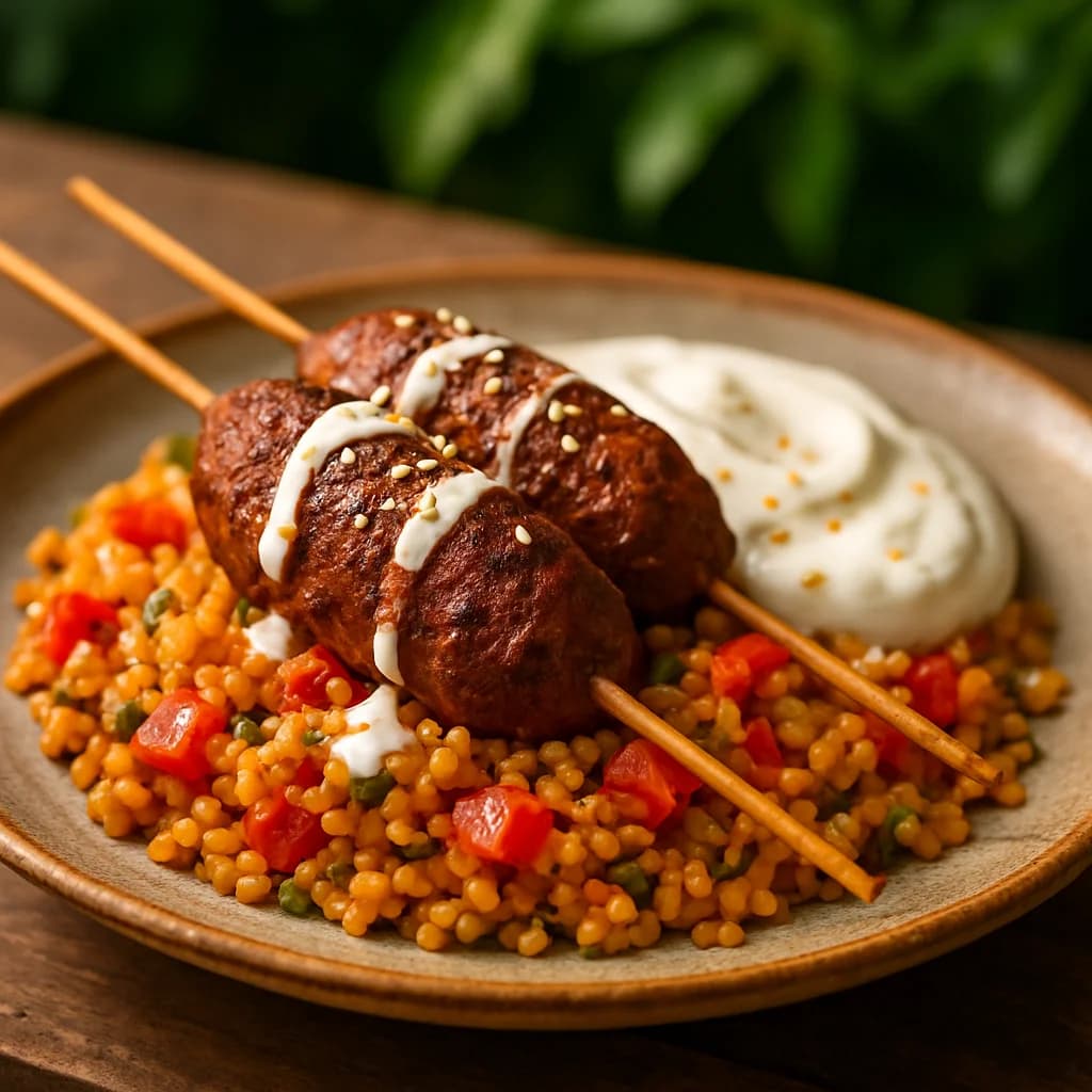 Tandoori Lamb Kofta with Spiced Bulgur Pilaf and Yogurt Sauce recipe