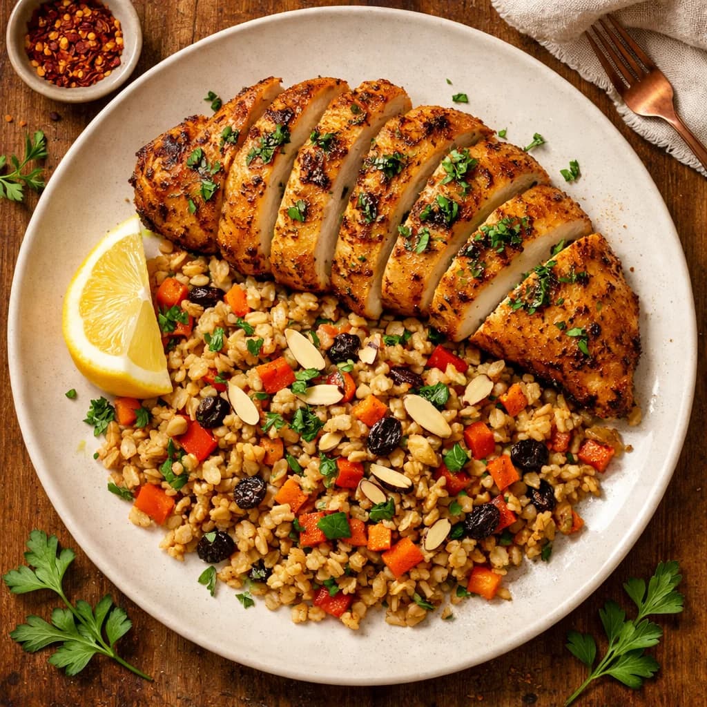 Air Fried Herb Chicken with Spiced Oat Pilaf recipe