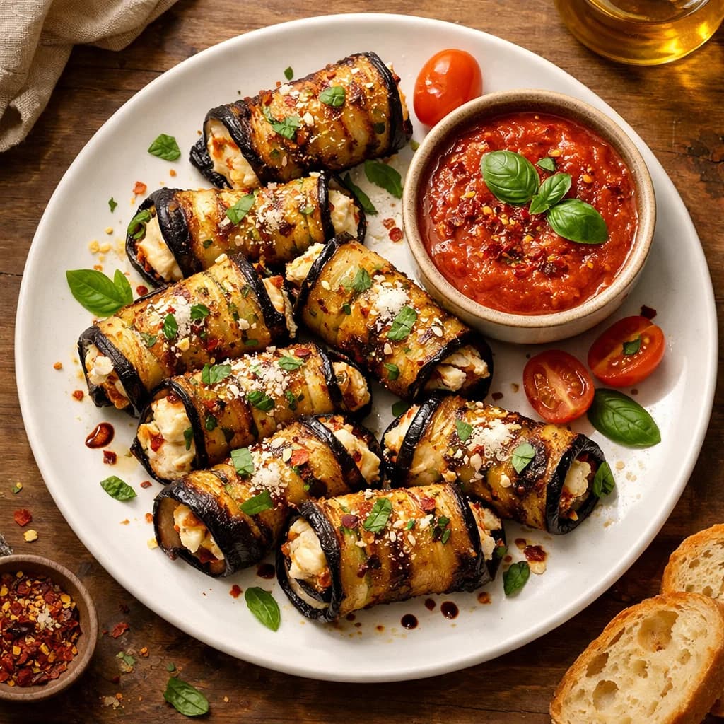 Air Fried Italian Eggplant Rolls with Spiced Tomato Dip recipe