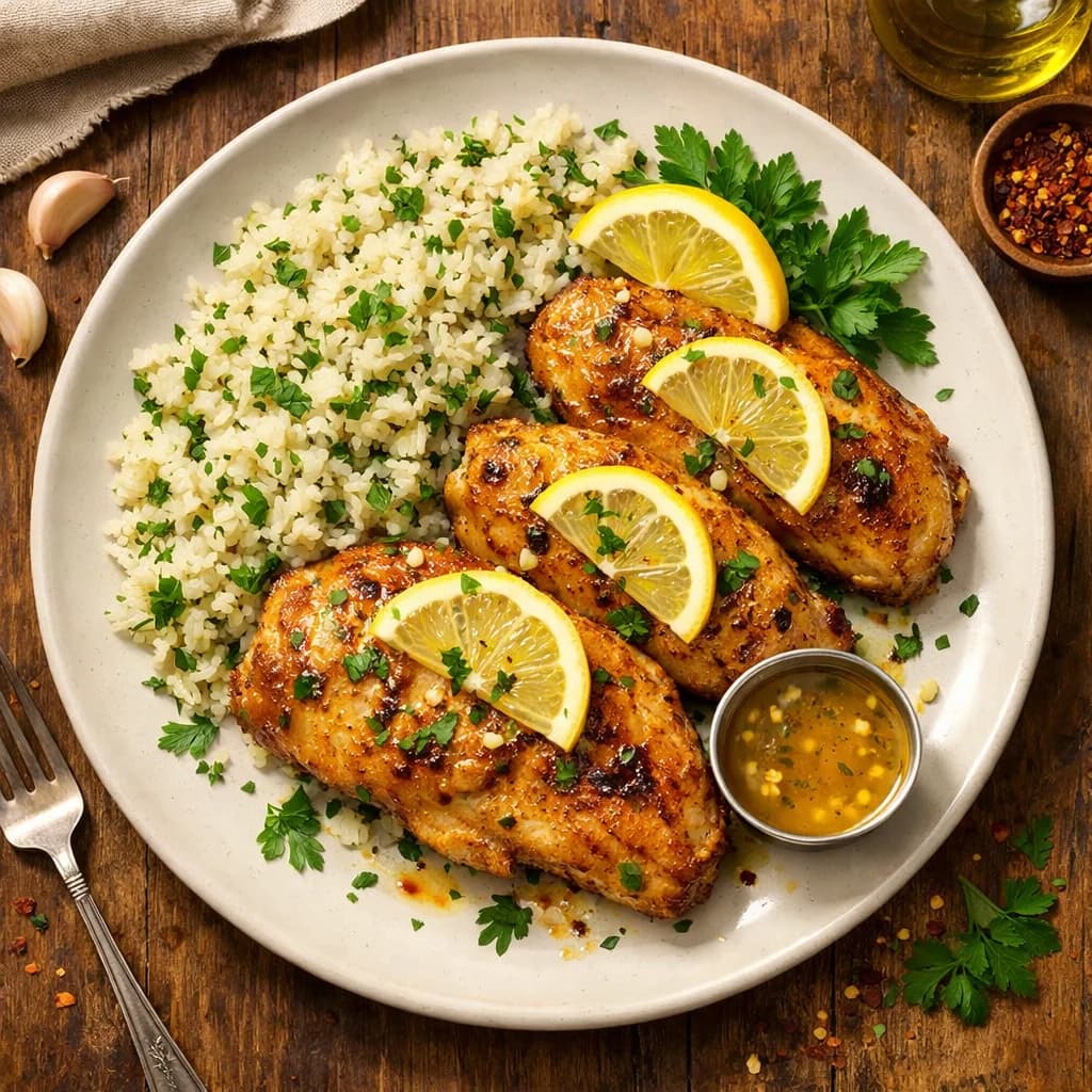 Air Fried Lemon Garlic Chicken with Herb Rice recipe