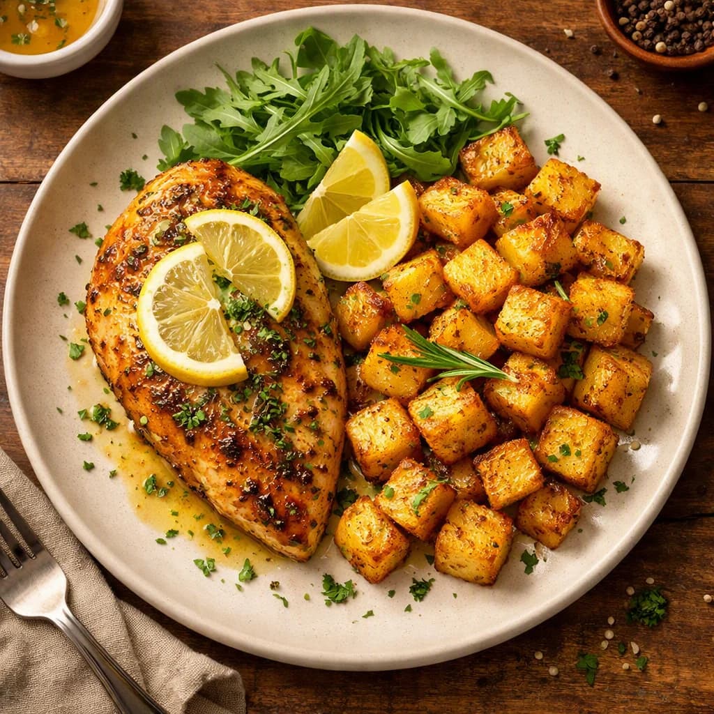 Air Fried Lemon Herb Chicken with Crispy Potato Cubes recipe