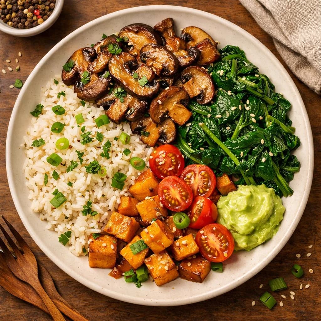 Air Fried Mushroom Spinach Rice Bowl recipe