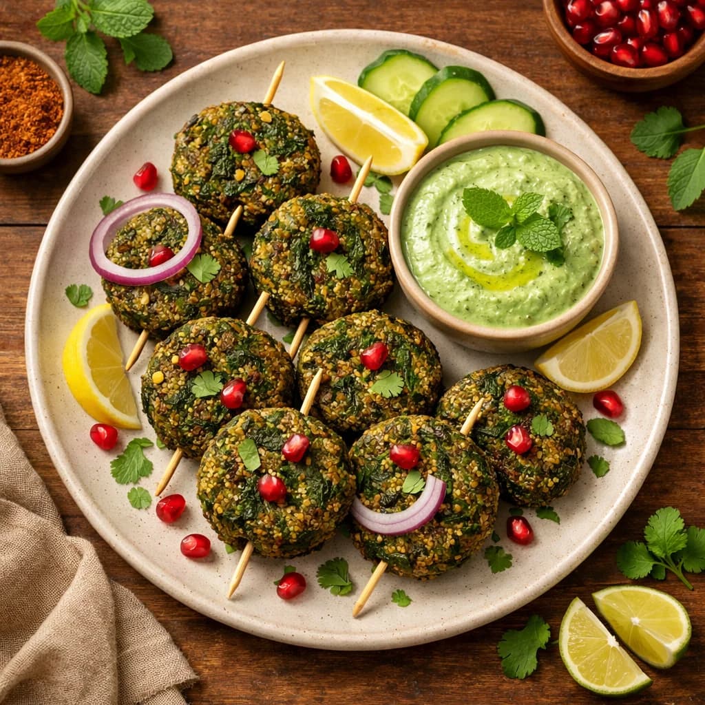 Air Fried Spinach and Quinoa Kebabs with Mint Dip recipe
