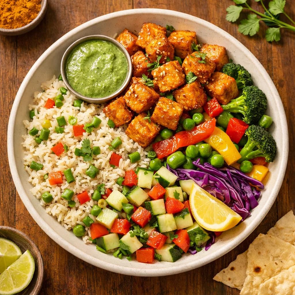 Air Fried Tofu and Vegetable Rice Bowl recipe