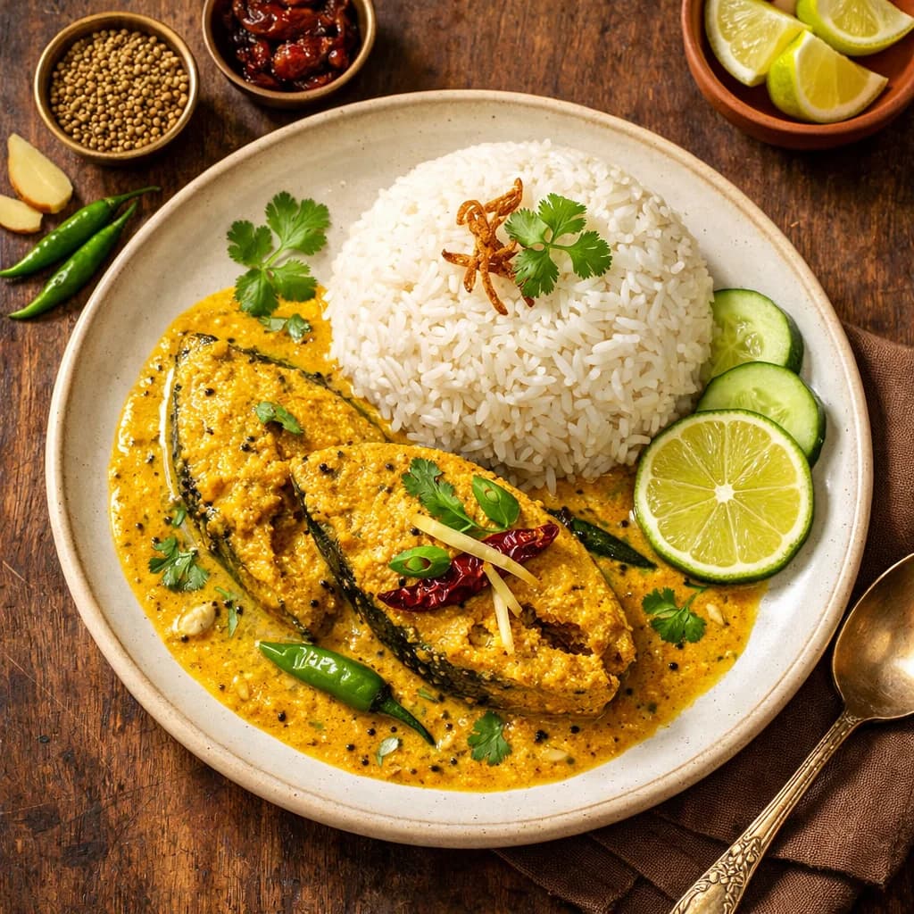 Bengali Fish Curry with Mustard and Steamed Rice recipe
