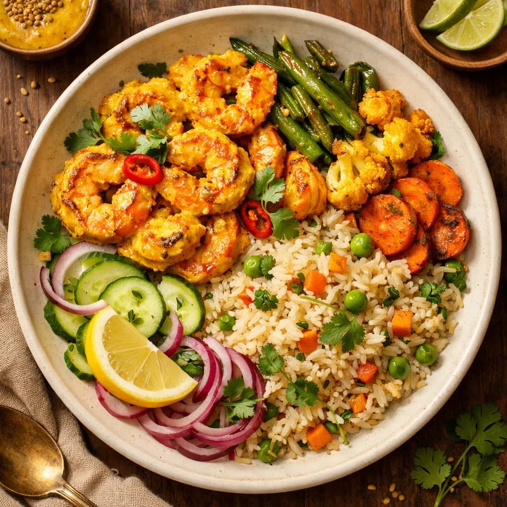 Bengali Mustard Prawn and Veggie Rice Bowl recipe