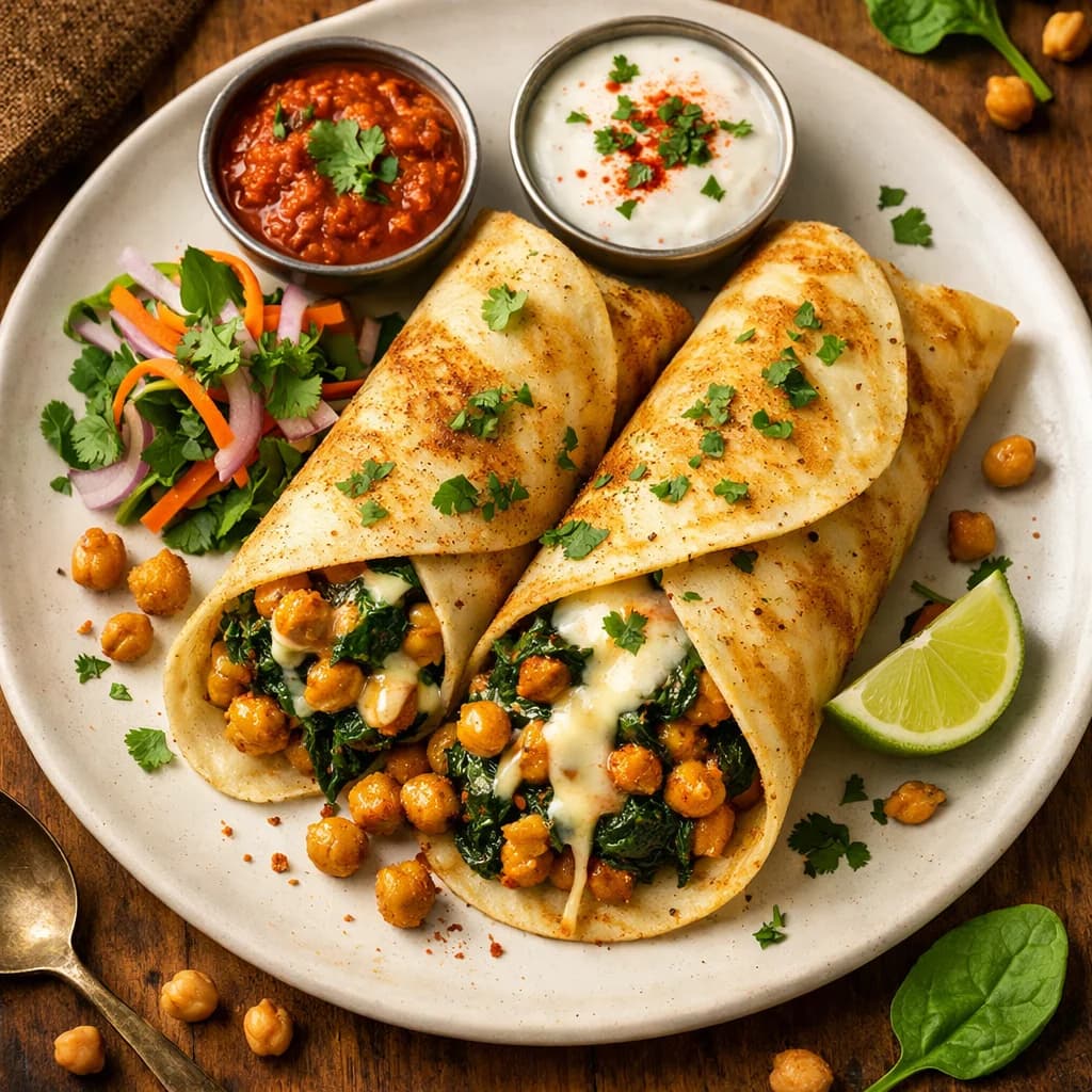 Cheesy Spinach and Chickpea Dosa Wrap recipe