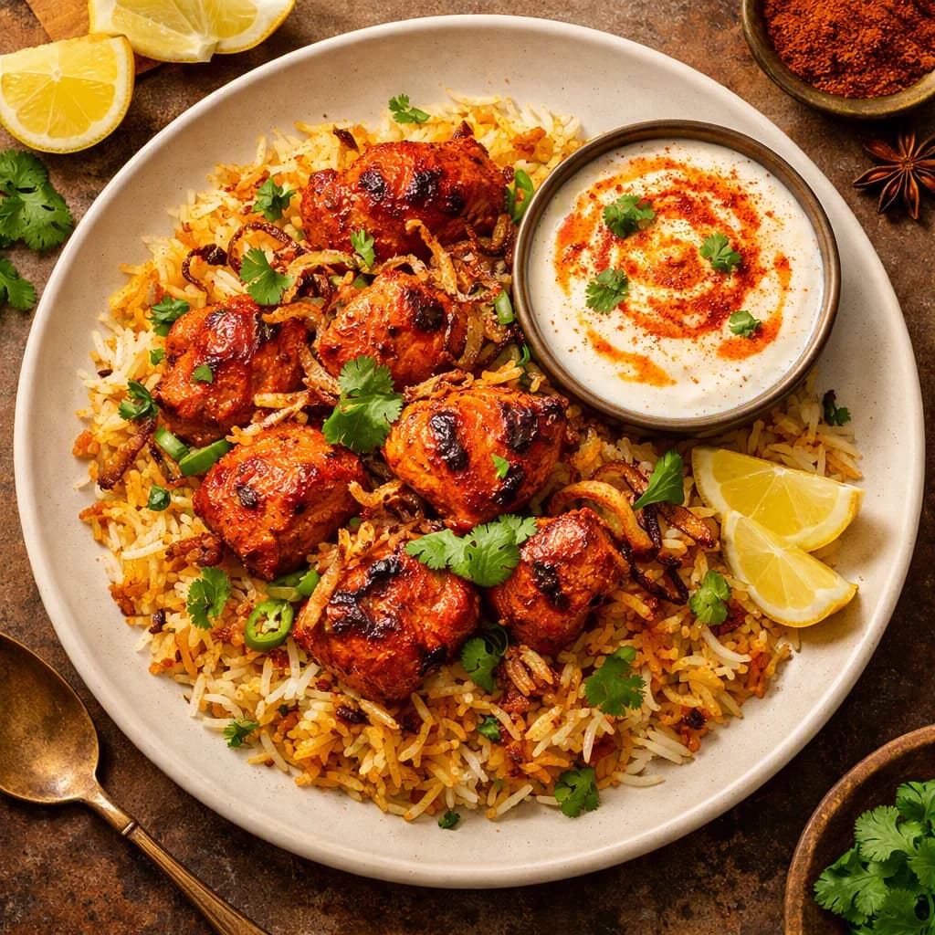 Chicken Tikka Biryani with Spiced Yogurt recipe