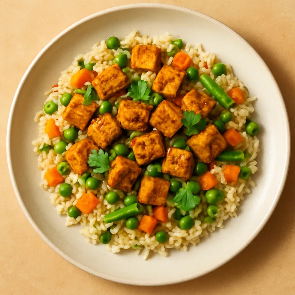 Coconut Infused Vegetable Rice with Spiced Soy Chunks recipe