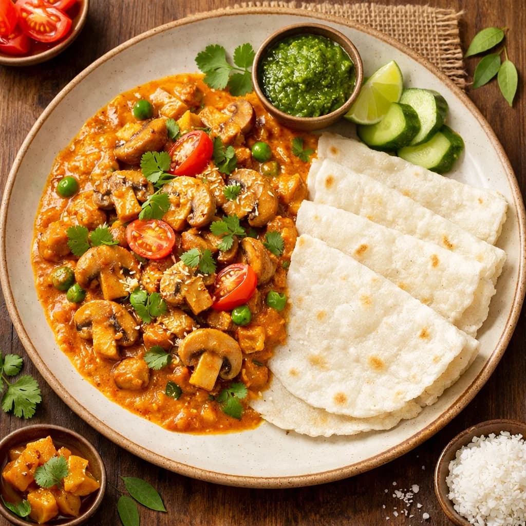 Coconut Mushroom Masala with Rice Flour Rotis recipe