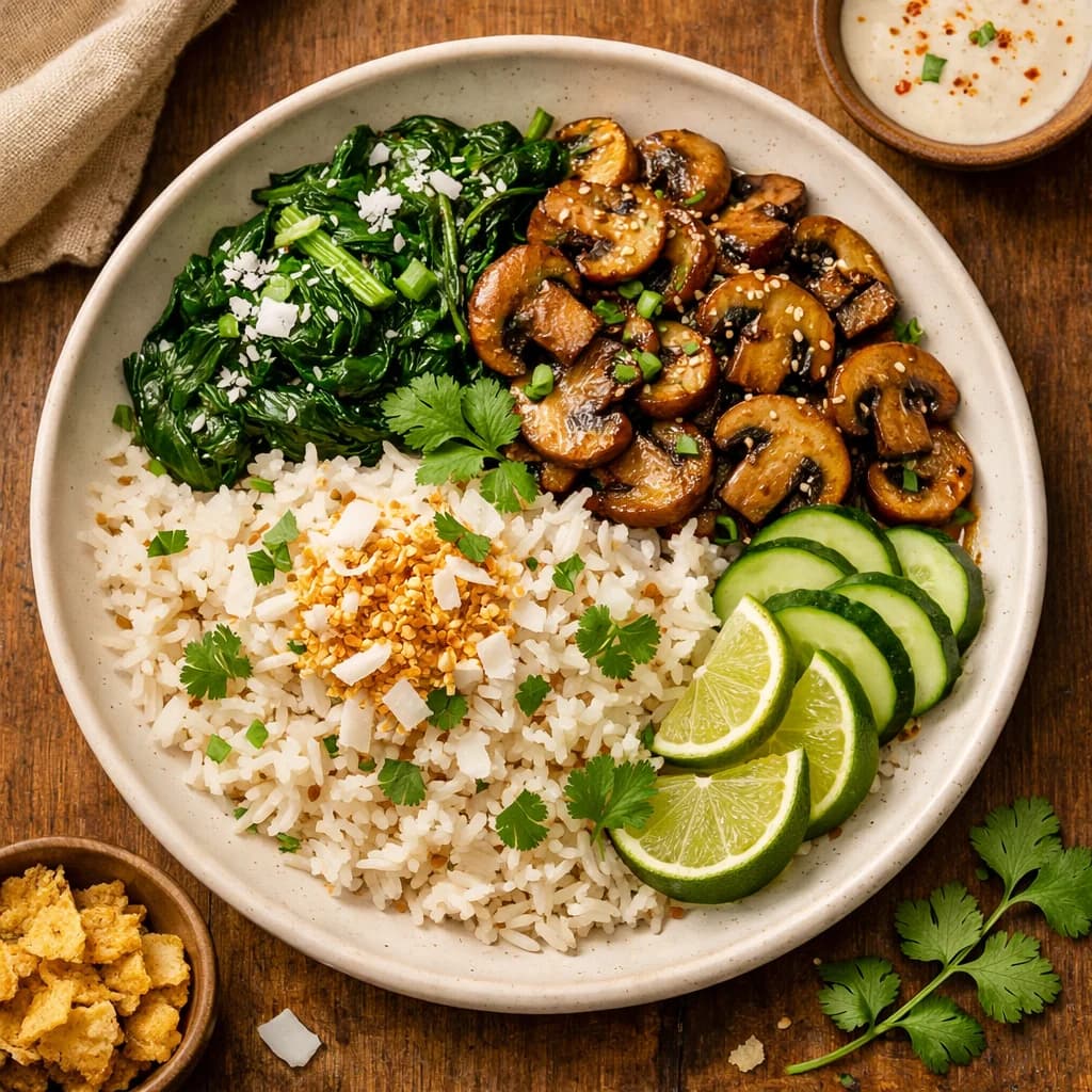 Coconut Mushroom Spinach Rice Bowl recipe