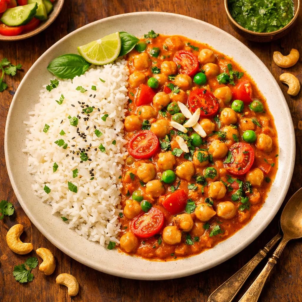 Coconut Tomato Chickpea Curry with Steamed Rice recipe