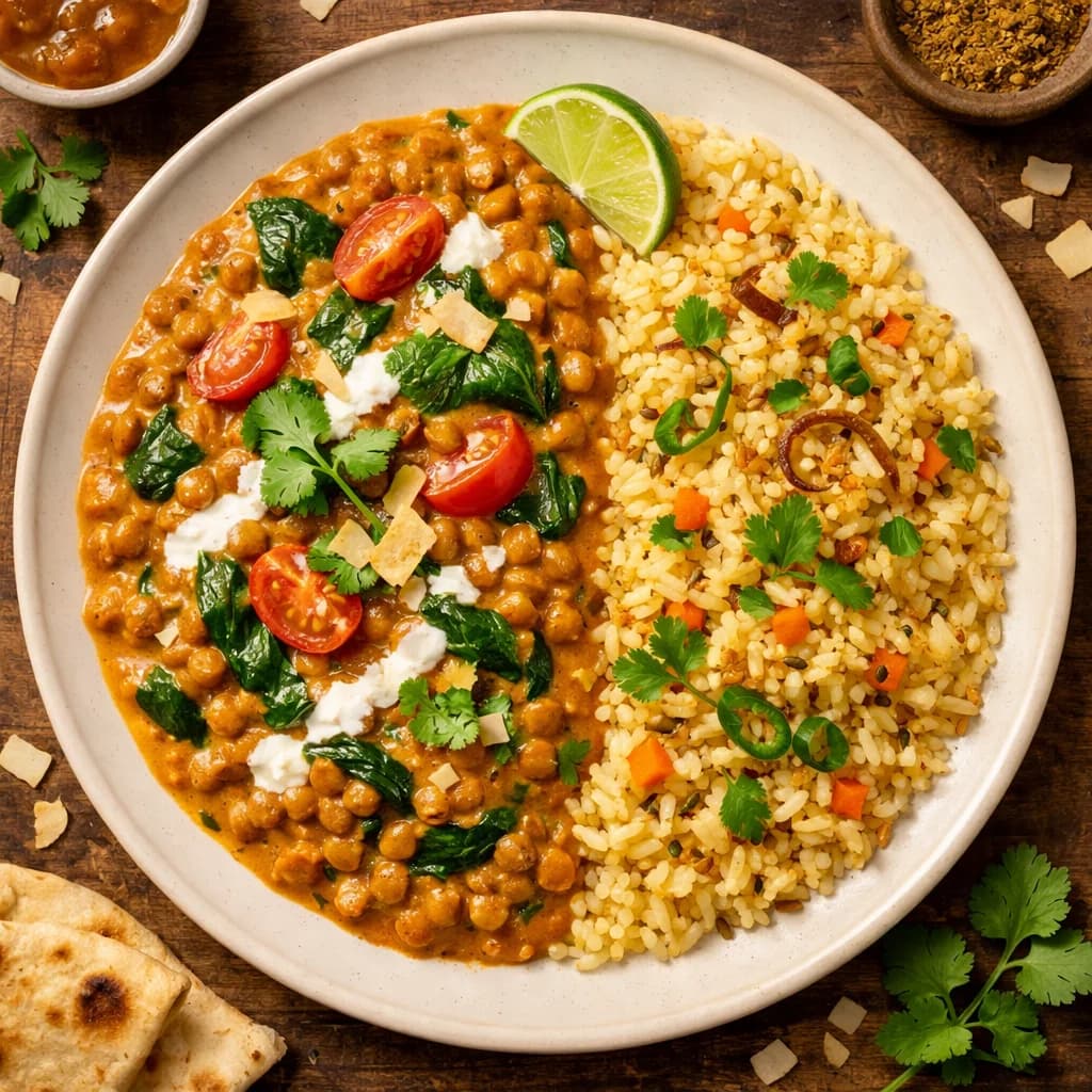 Creamy Coconut Lentil Stir Fry with Spiced Rice recipe