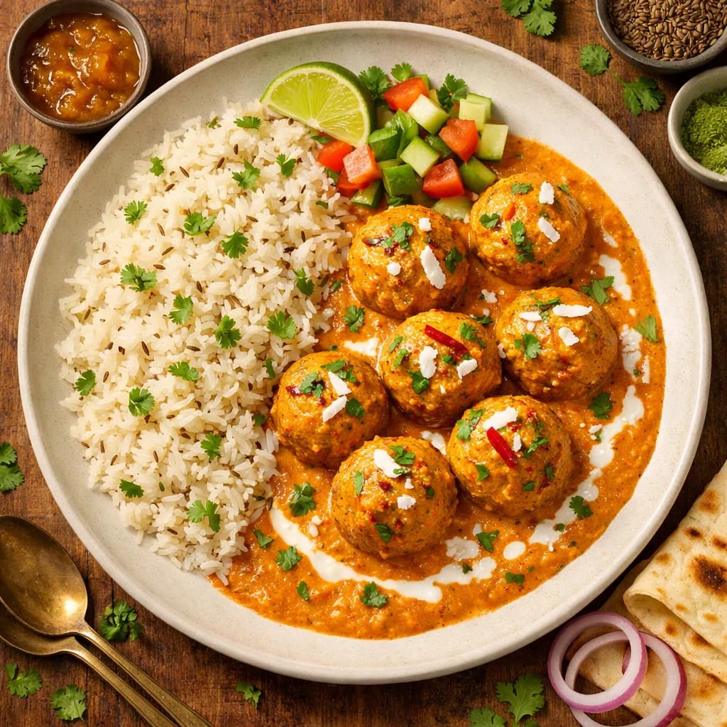 Creamy Coconut Veggie Kofta with Fragrant Jeera Rice recipe