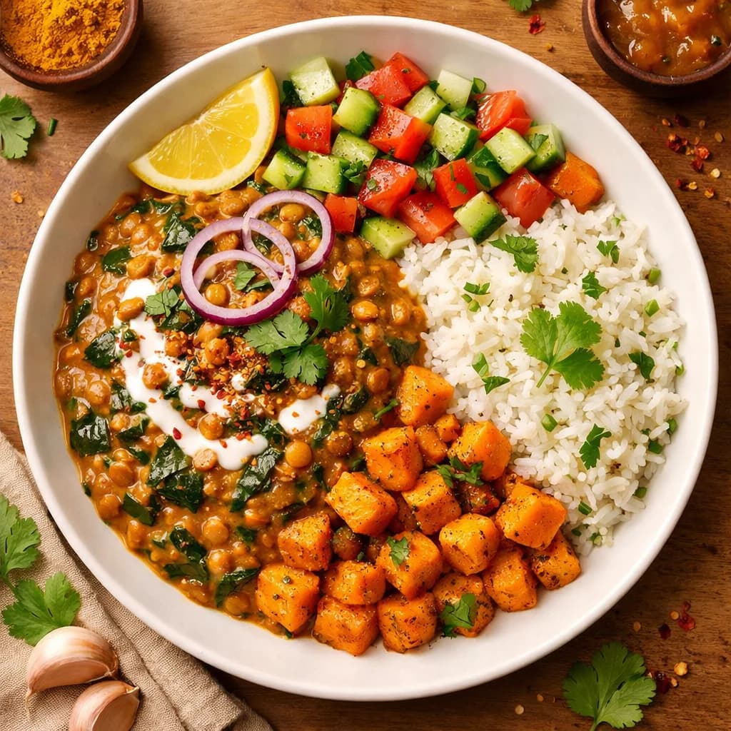Creamy Lentil & Spinach Rice Bowl recipe