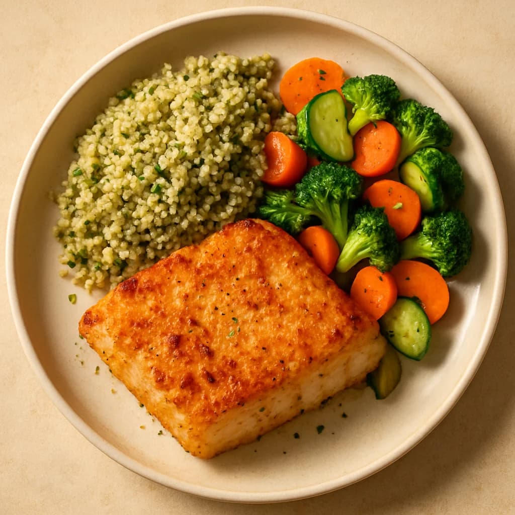 Crispy Air Fried Cod with Herbed Quinoa and Veggie Medley recipe