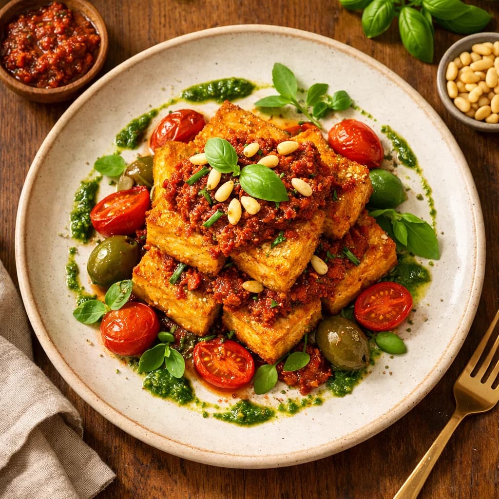 Crispy Baked Tofu with Sun-Dried Tomato Pesto recipe