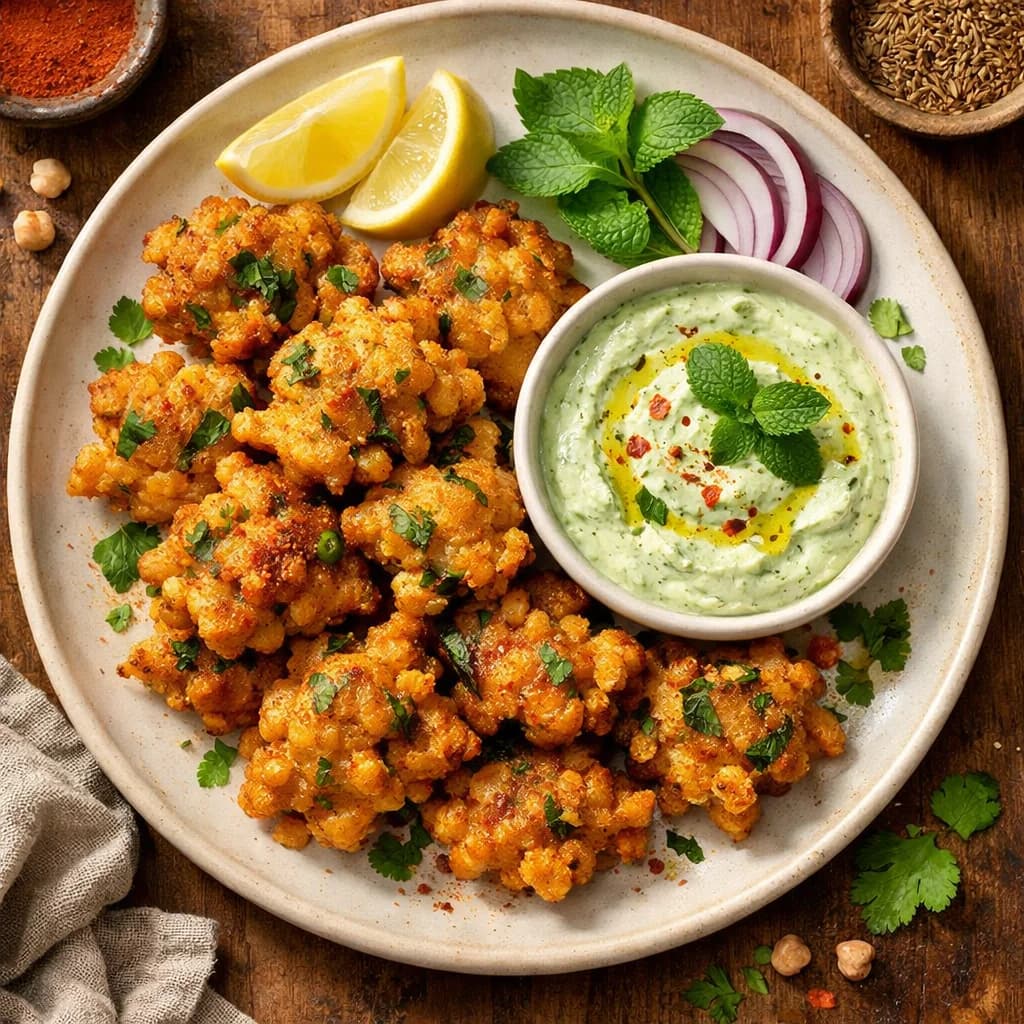 Crispy Chickpea Flour Fritters with Minted Yogurt Dip recipe