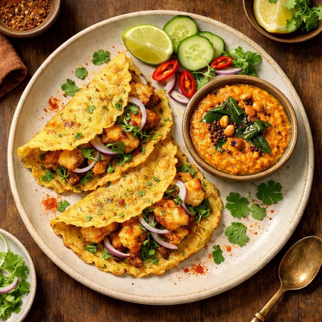 Crispy Fish Cheela with Spiced Coconut Chutney recipe