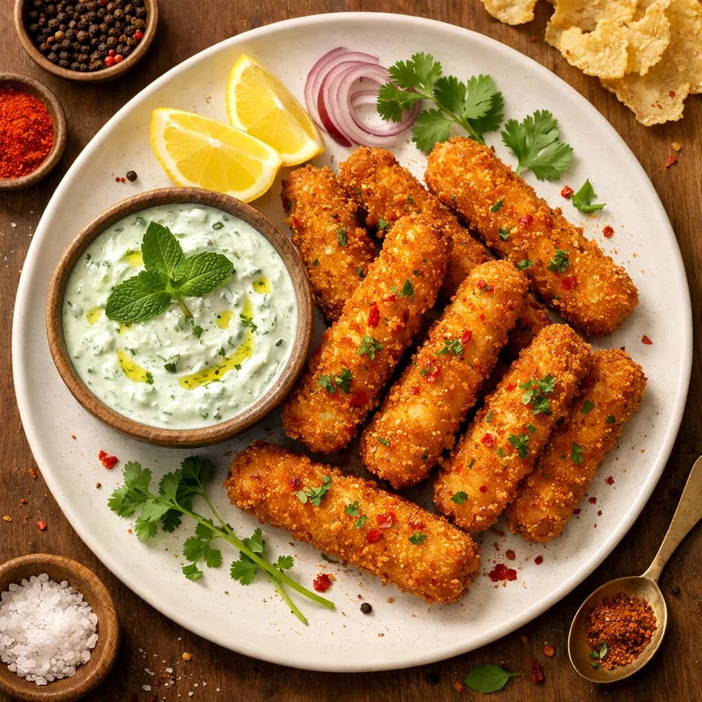Crispy Fish Fingers with Minty Yogurt Dip recipe