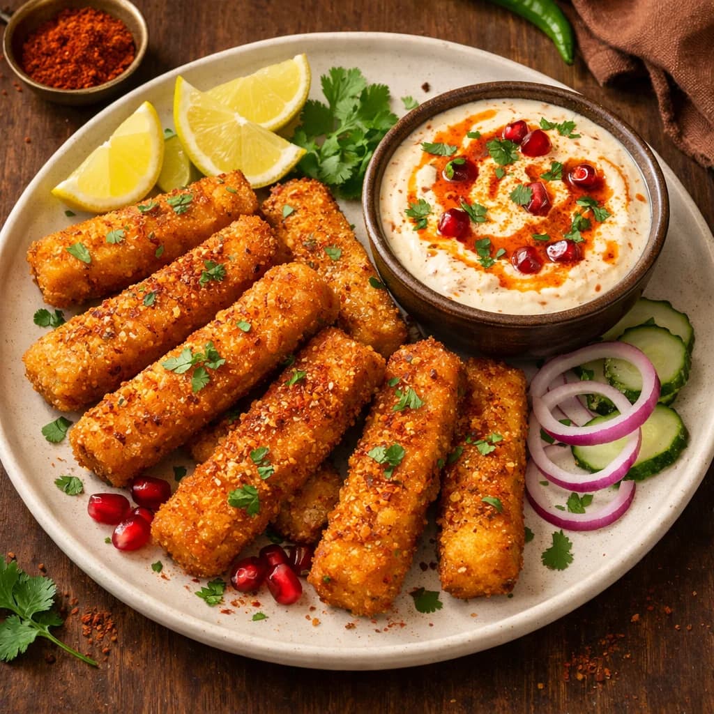 Crispy Fish Fingers with Spiced Yogurt Dip recipe