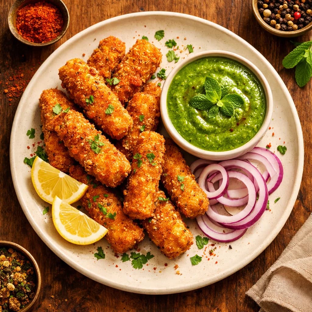 Crispy Fish Fingers with Tangy Mint Chutney recipe