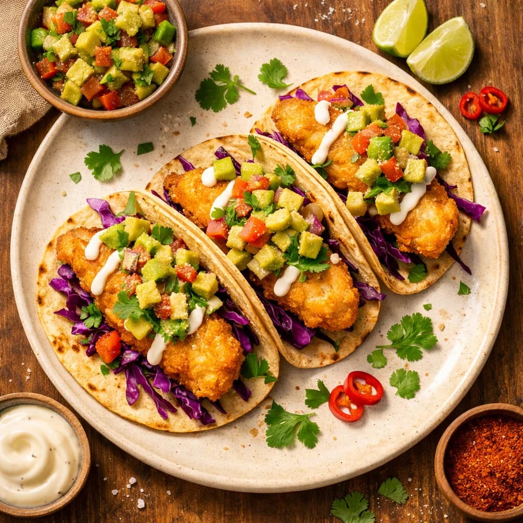 Crispy Fish Tacos with Avocado Salsa recipe