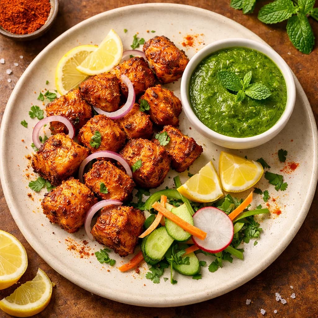 Crispy Fish Tikka Bites with Mint Chutney recipe
