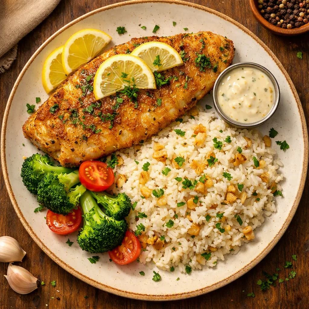 Crispy Lemon Herb Fish with Garlic Rice recipe