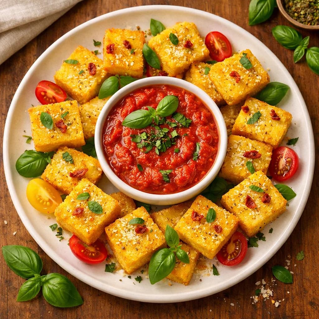 Crispy Polenta Bites with Basil Tomato Dip recipe