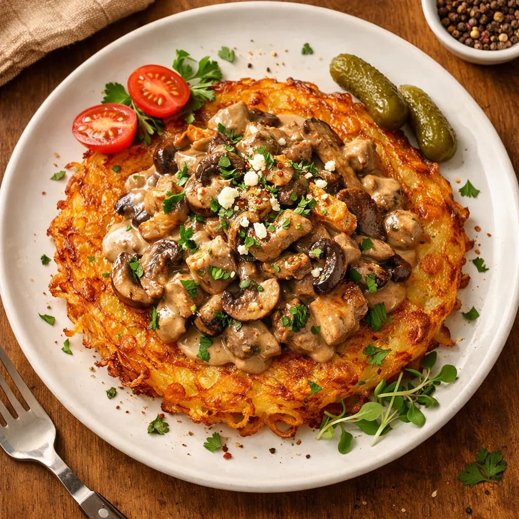 Crispy Potato Rösti with Protein-Packed Mushroom Ragout recipe