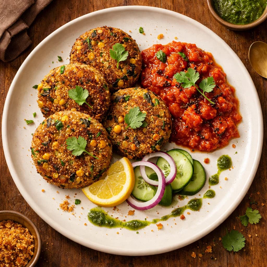 Crispy Quinoa and Vegetable Patties with Spiced Tomato Chutney recipe
