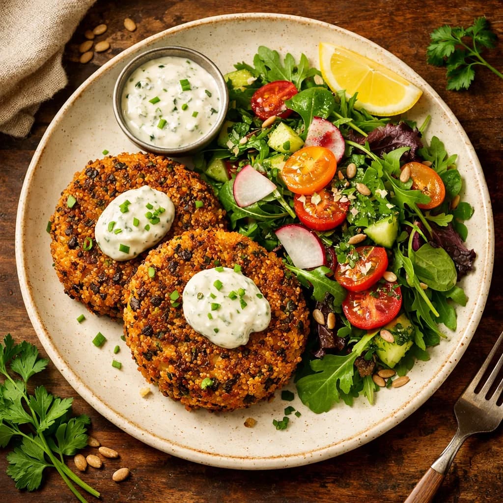 Crispy Quinoa Burgers with Herbed Salad recipe