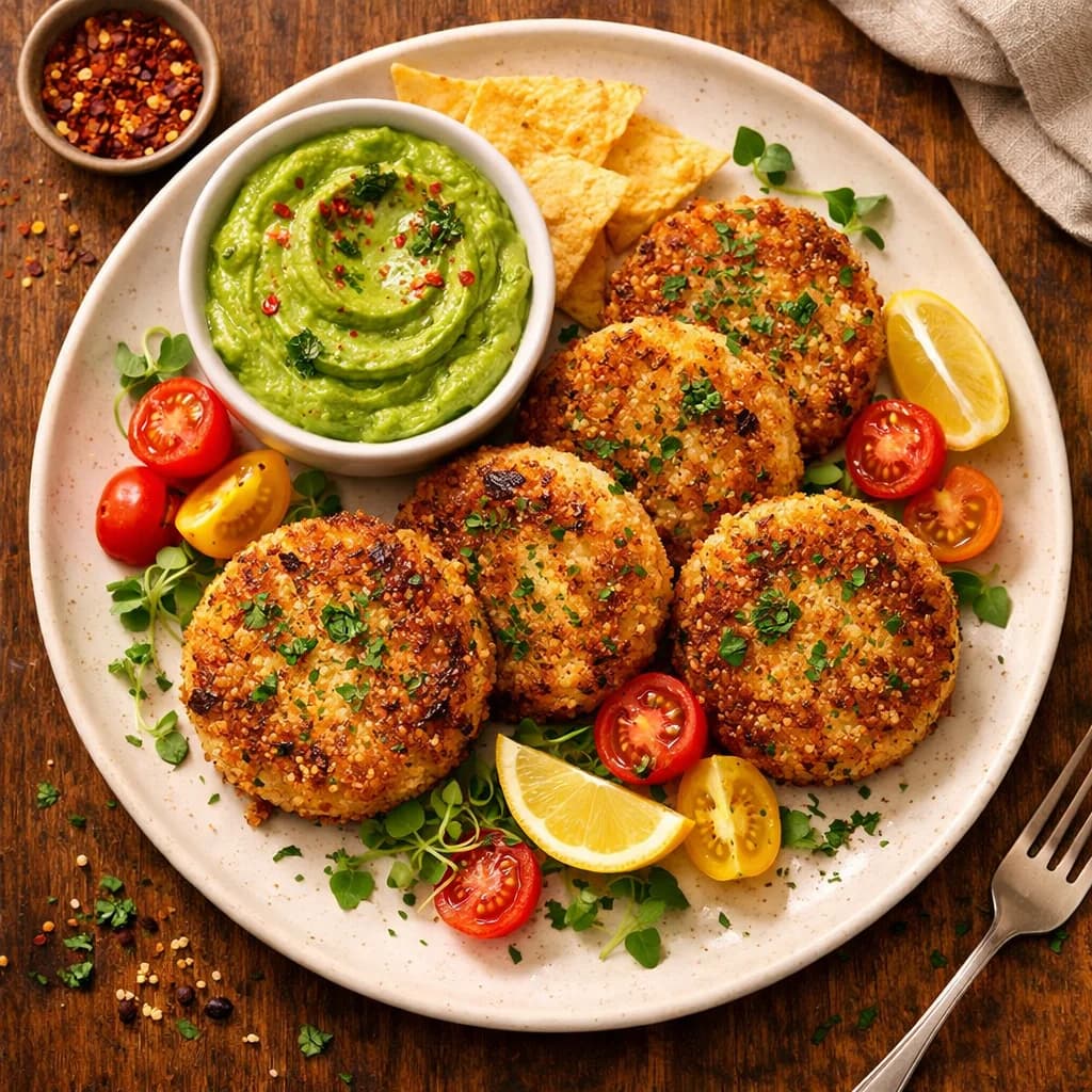Crispy Quinoa Patties with Avocado Dip recipe