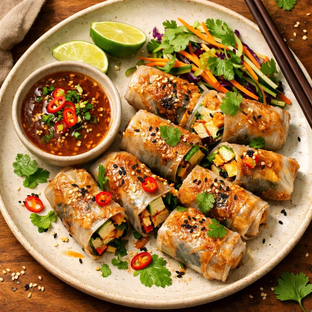 Crispy Tofu Rice Paper Rolls with Tangy Peanut-Free Dip recipe