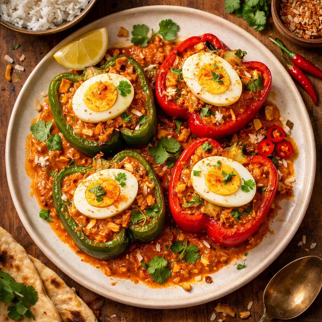 Egg-Stuffed Bell Peppers with Coconut Masala recipe