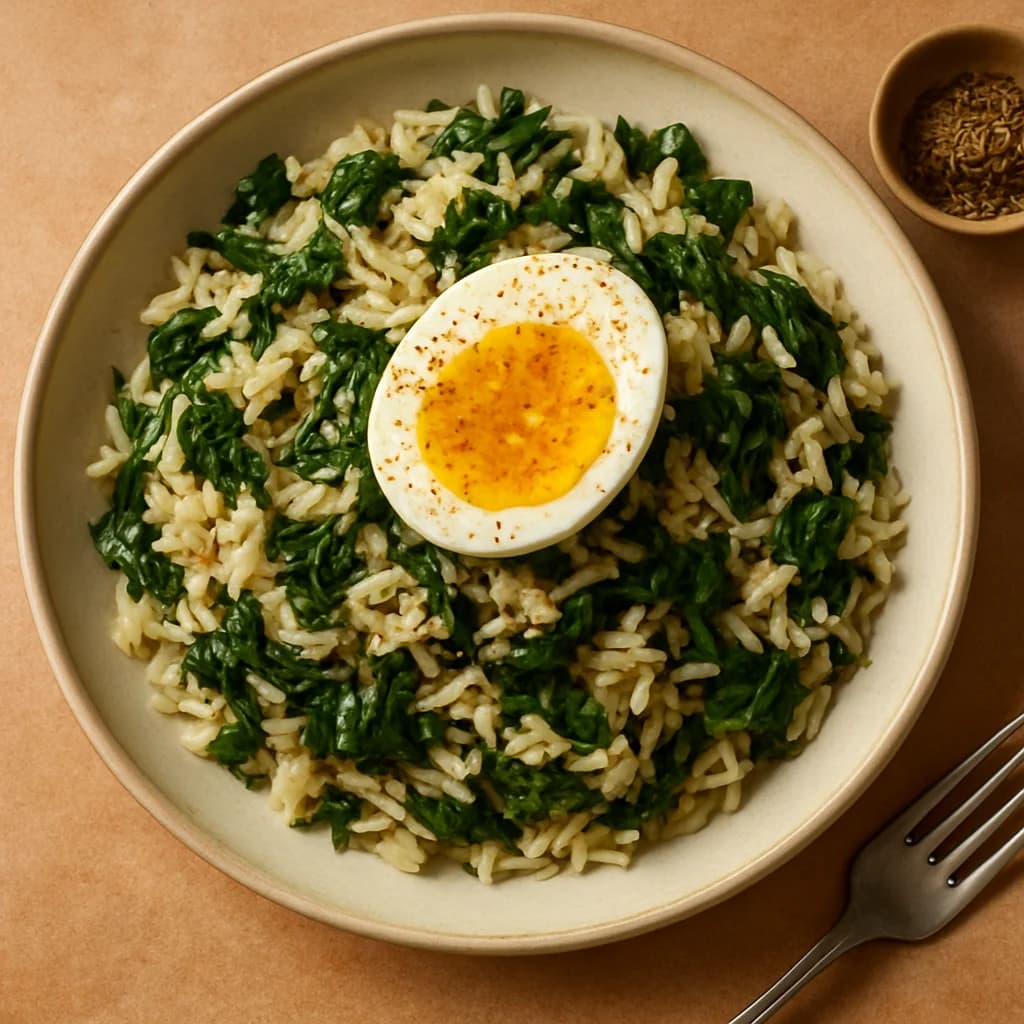 Egg and Spinach Rice Bowl with Cumin Infusion recipe