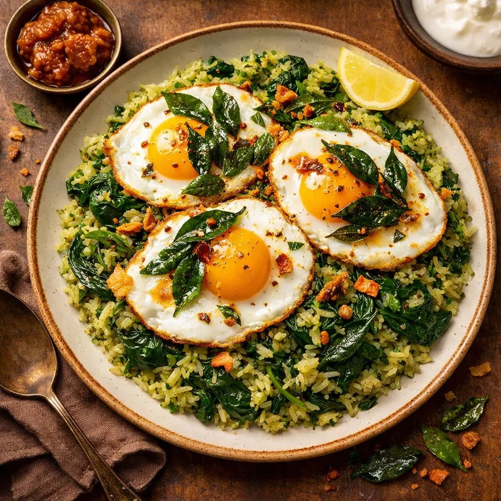 Egg and Spinach Rice Bowl with Curry Leaves recipe