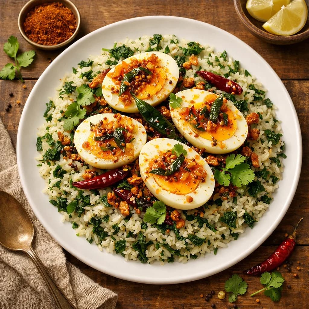 Egg and Spinach Rice with Masala Tempering recipe