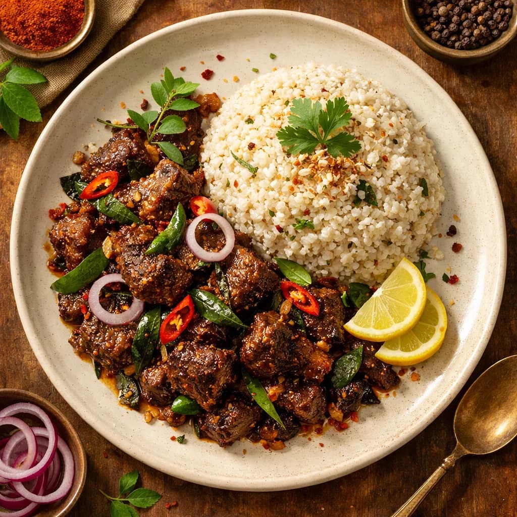 Fiery Mutton Pepper Fry with Coconut Millet recipe