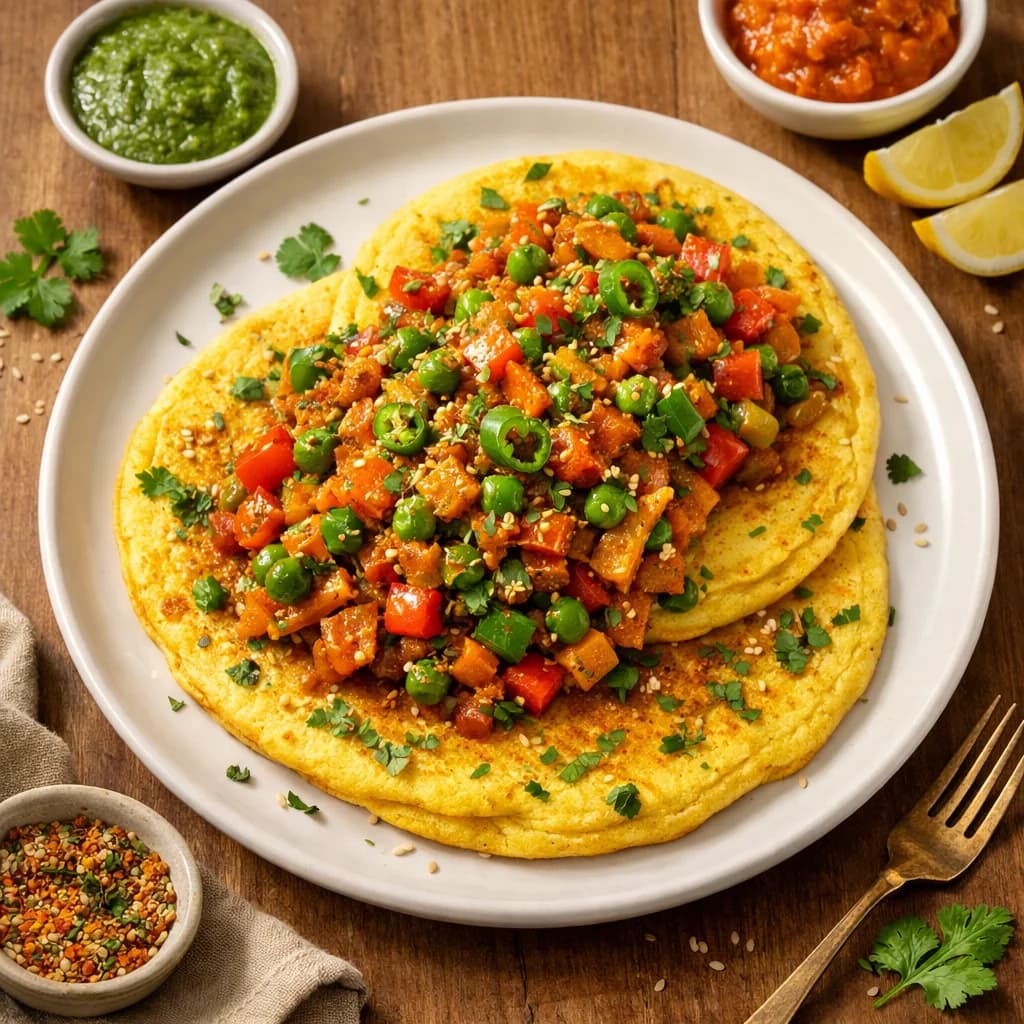 Fluffy Besan Pancakes with Spiced Vegetable Topping recipe