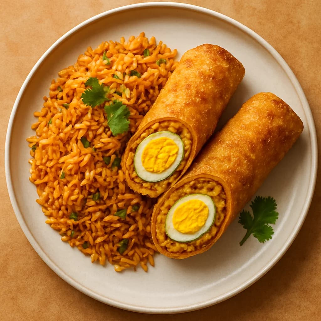 Fluffy Masala Egg Rolls with Spiced Rice recipe