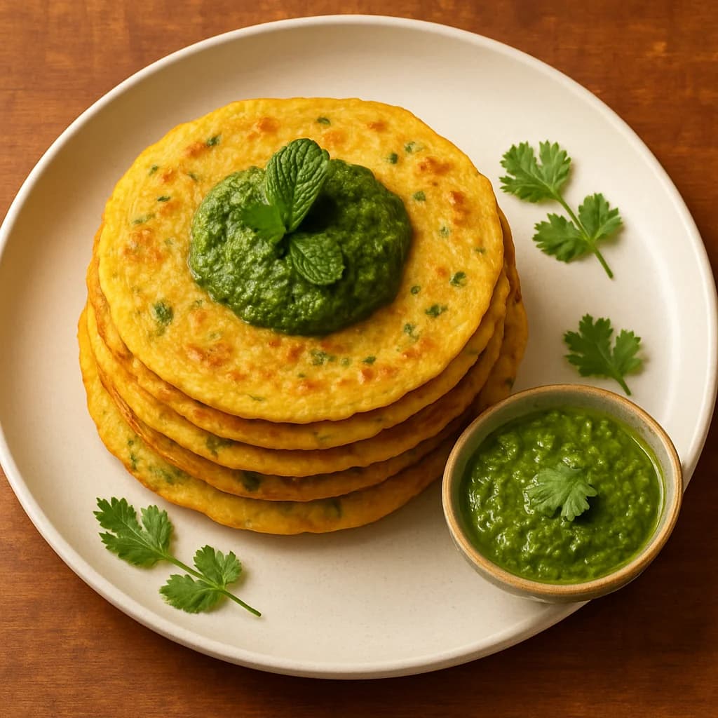 Fluffy Moong Dal Chilla Stack with Mint-Coriander Chutney recipe