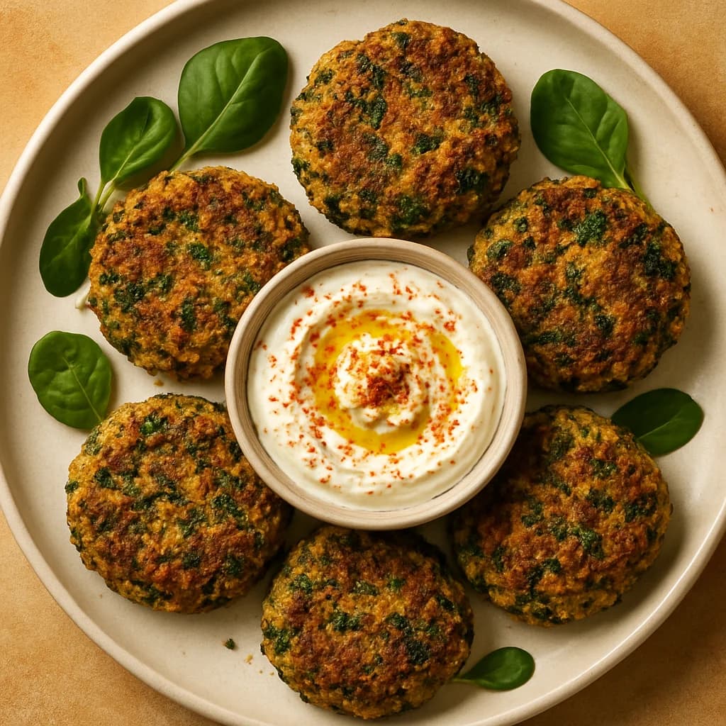 Fluffy Quinoa and Spinach Patties with Spiced Yogurt Dip recipe