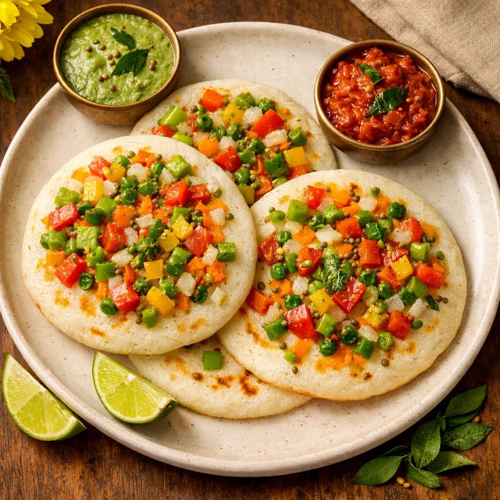 Fluffy Rice Flour Uttapam with Mixed Veggies recipe