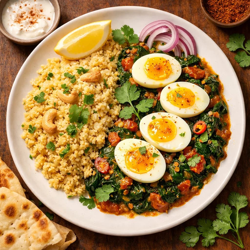 Fragrant Egg and Spinach Masala with Toasted Millet recipe