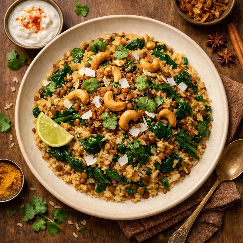 Fragrant Lentil & Spinach Coconut Pilaf recipe