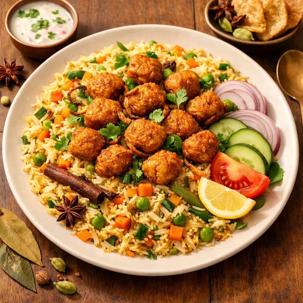 Fragrant Vegetable Pulao with Crispy Soy Chunks recipe