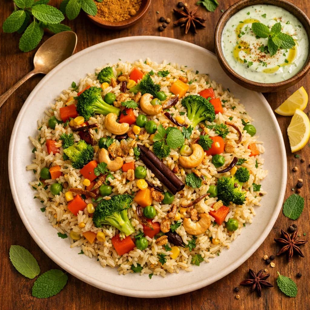 Fragrant Vegetable Pulao with Mint Yogurt recipe